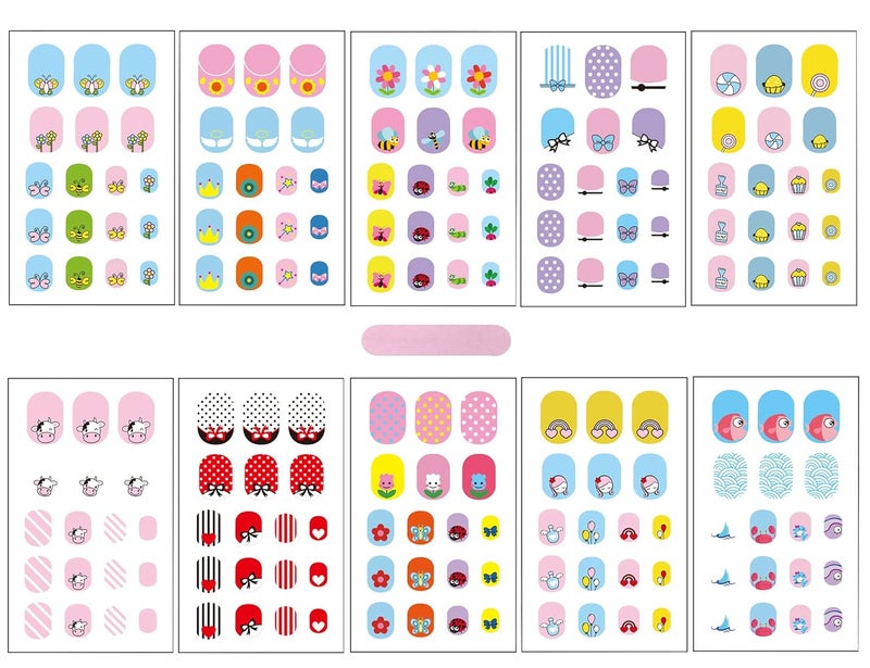 IHUKEIT Kids Nail Stickers Full Nail Wraps Self Adhesive Nail Polish Strips for Kids Girls Nail Art Decoration Fun Including Flowers Butterflies Cows Recommend for Age 8 and Older (Pack of 10) - Image 1